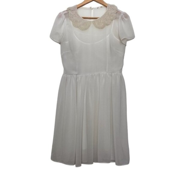 Amazing pearl white dress beaded embellishments off white short sleeves sheer M - Picture 1 of 13